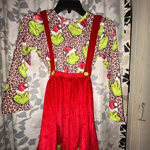 Festive Grinch Leopard Print Dress with Red Suspenders